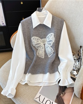 Bow sweater show young vest 2pcs set for women