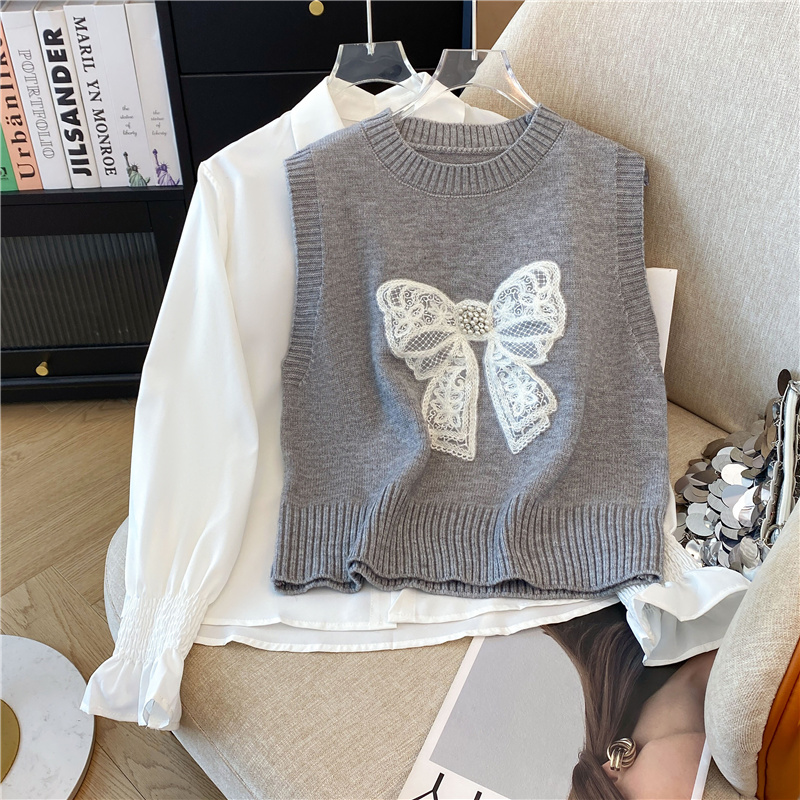 Bow sweater show young vest 2pcs set for women