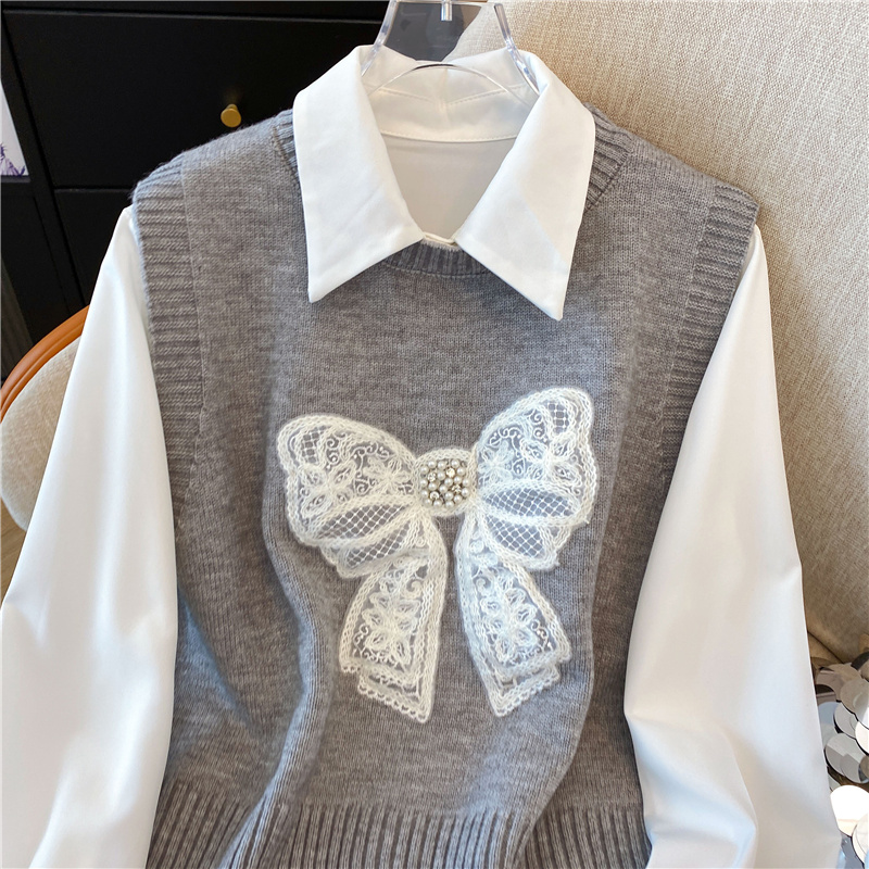 Bow sweater show young vest 2pcs set for women