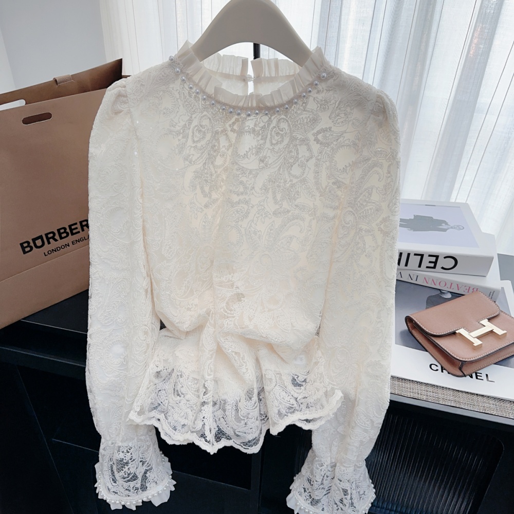 Trumpet sleeves wood ear shirt lace commuting tops