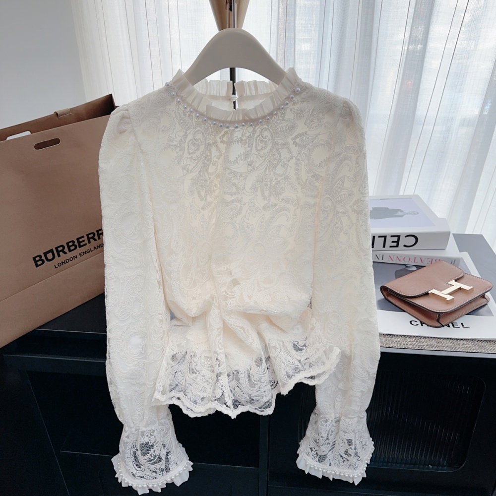 Trumpet sleeves wood ear shirt lace commuting tops