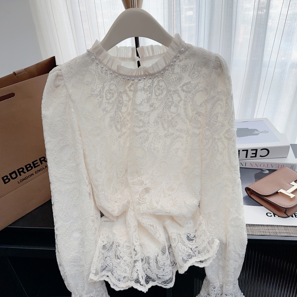 Trumpet sleeves wood ear shirt lace commuting tops