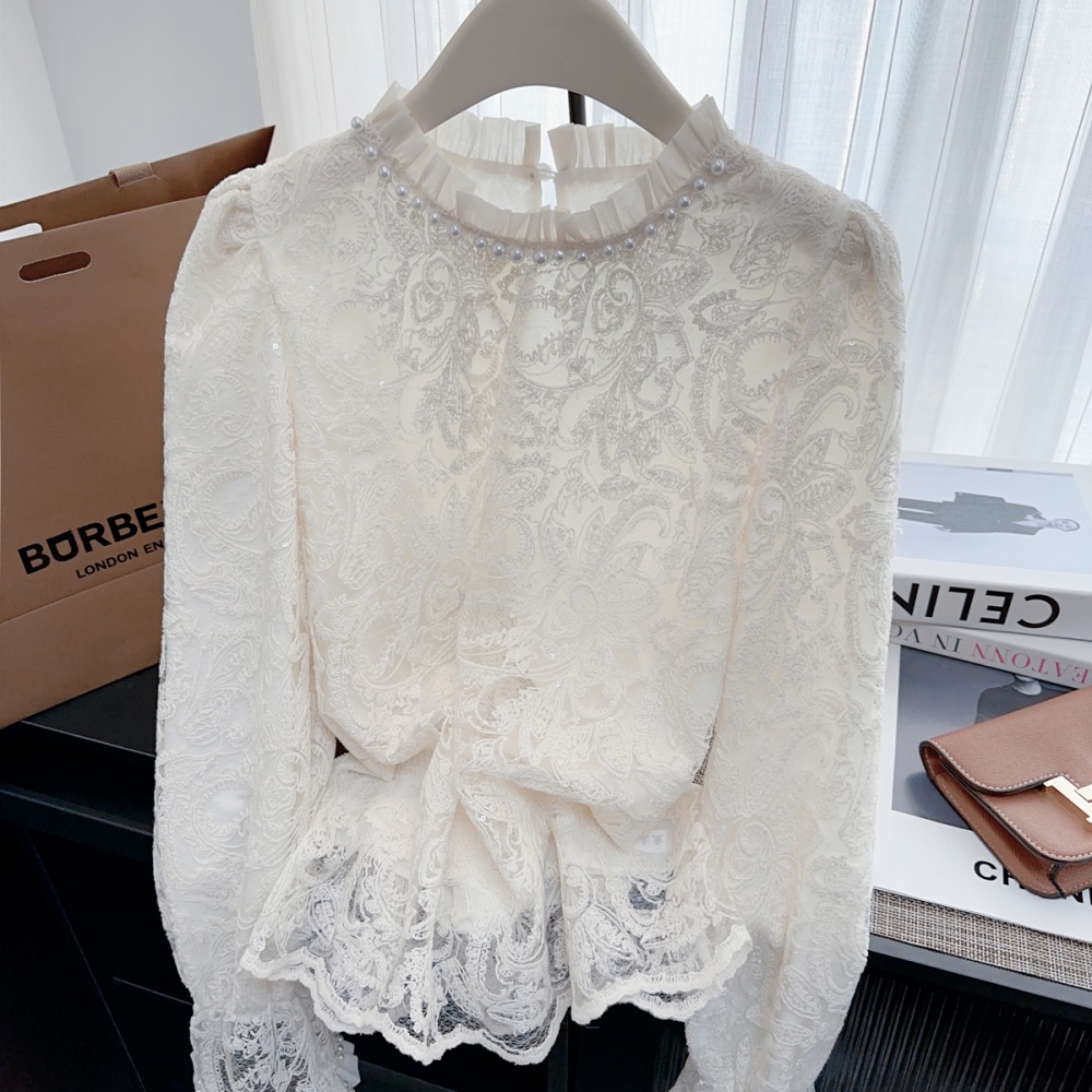 Trumpet sleeves wood ear shirt lace commuting tops