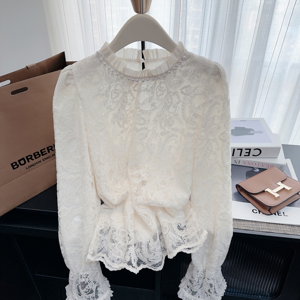 Trumpet sleeves wood ear shirt lace commuting tops