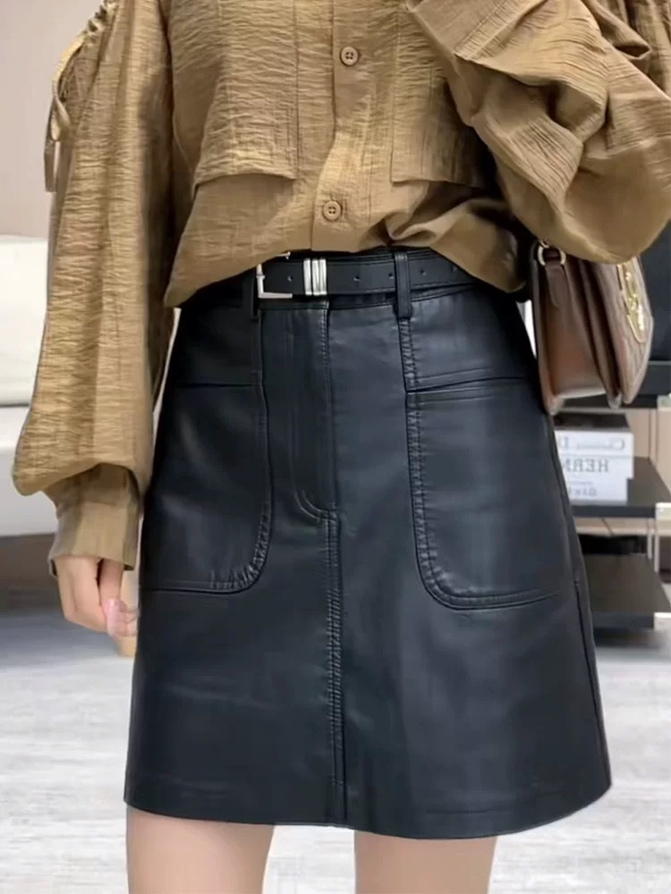 Short A-line leather skirt spring and autumn skirt for women