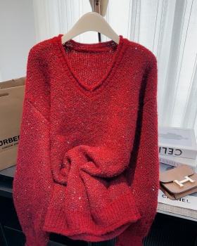 Autumn and winter sequins slim sweater niche red loose tops