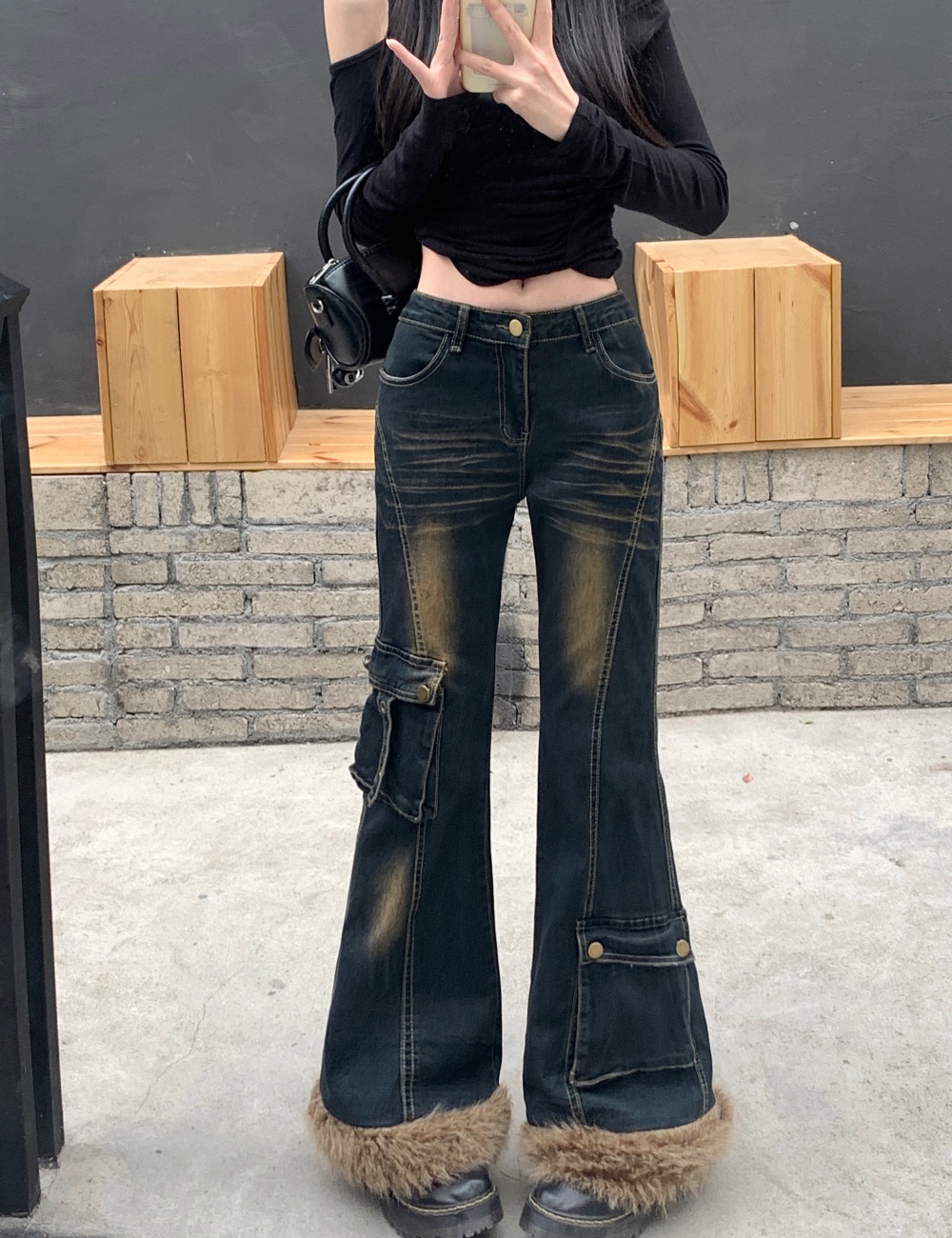 Wide leg spicegirl long pants washed retro jeans for women