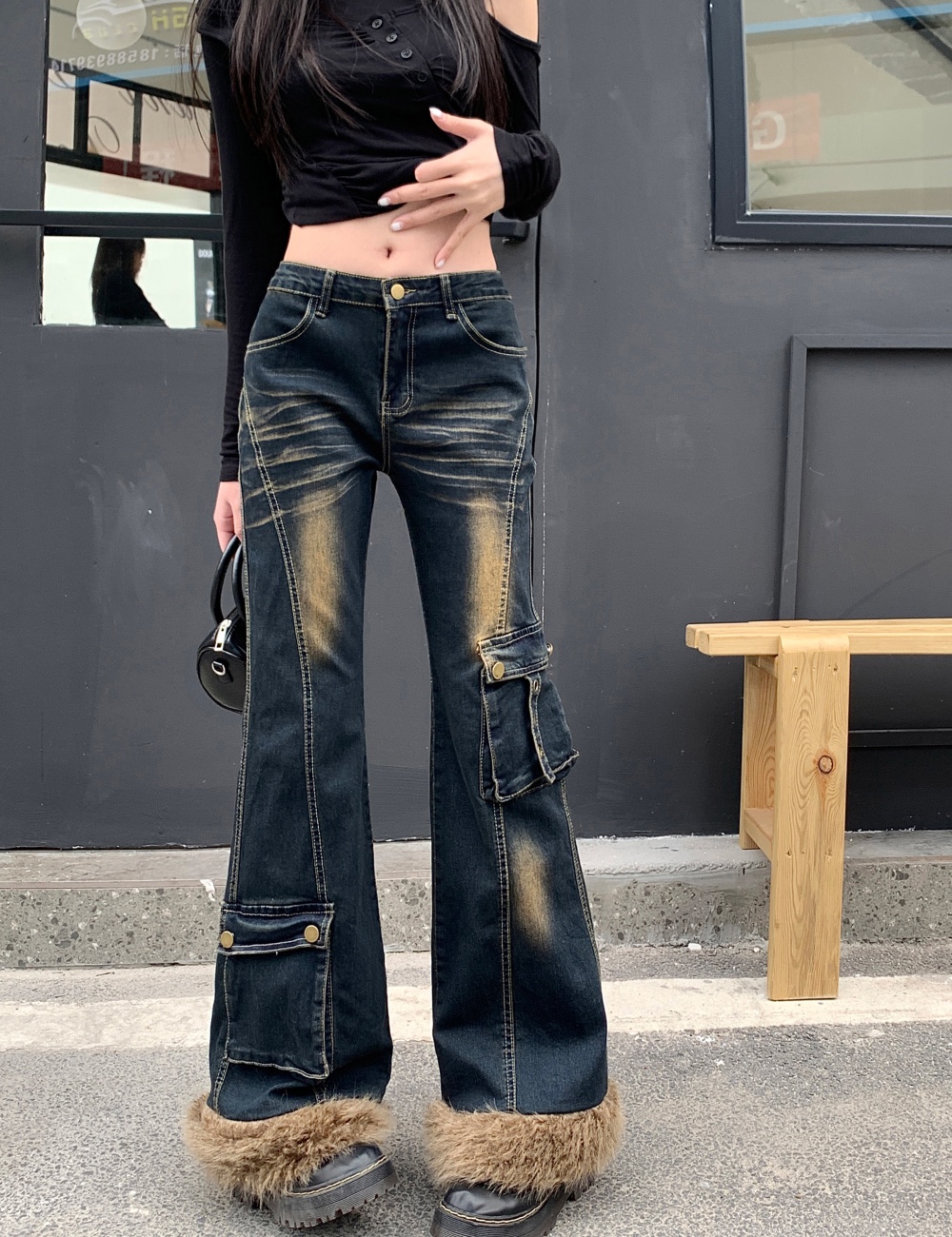 Wide leg spicegirl long pants washed retro jeans for women