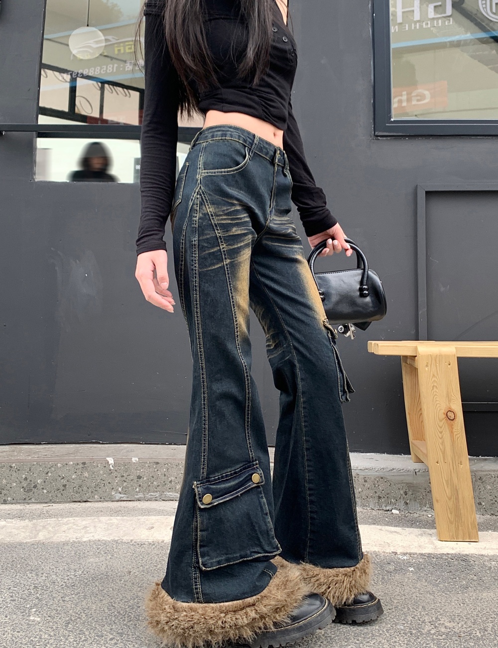 Wide leg spicegirl long pants washed retro jeans for women