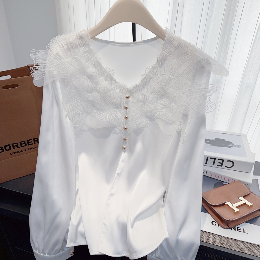 V-neck lace long sleeve spring tops commuting satin slim shirt