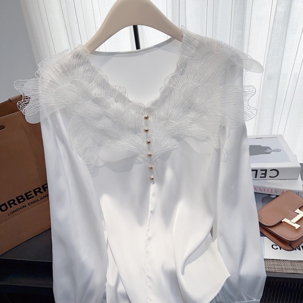 V-neck lace long sleeve spring tops commuting satin slim shirt