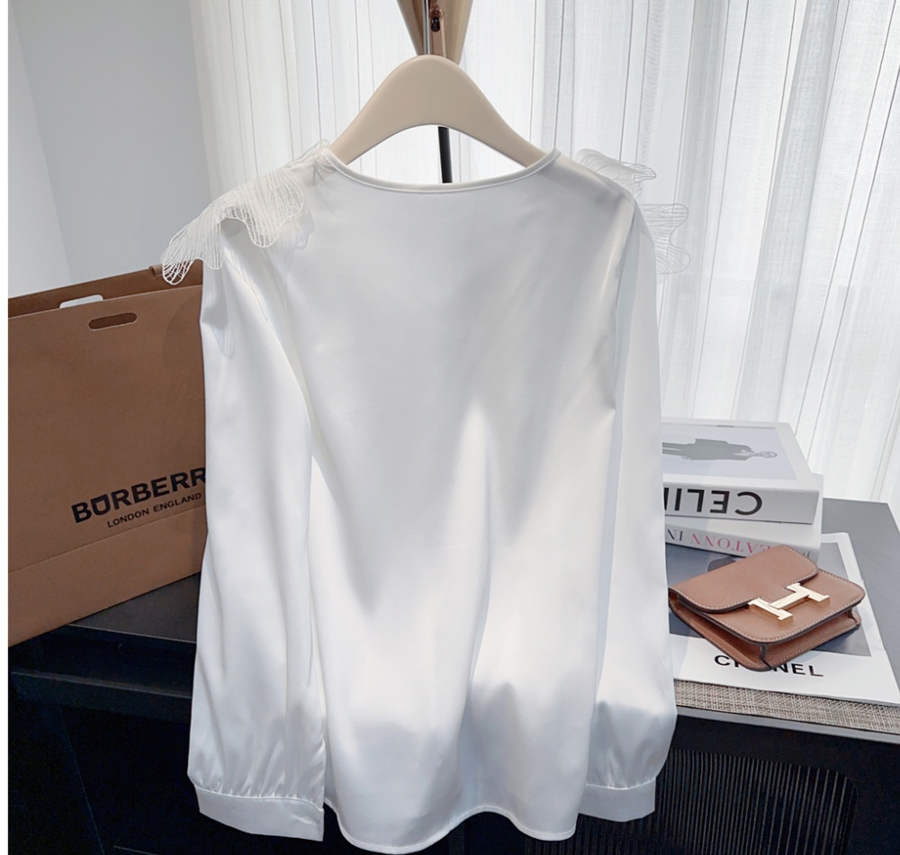 V-neck lace long sleeve spring tops commuting satin slim shirt