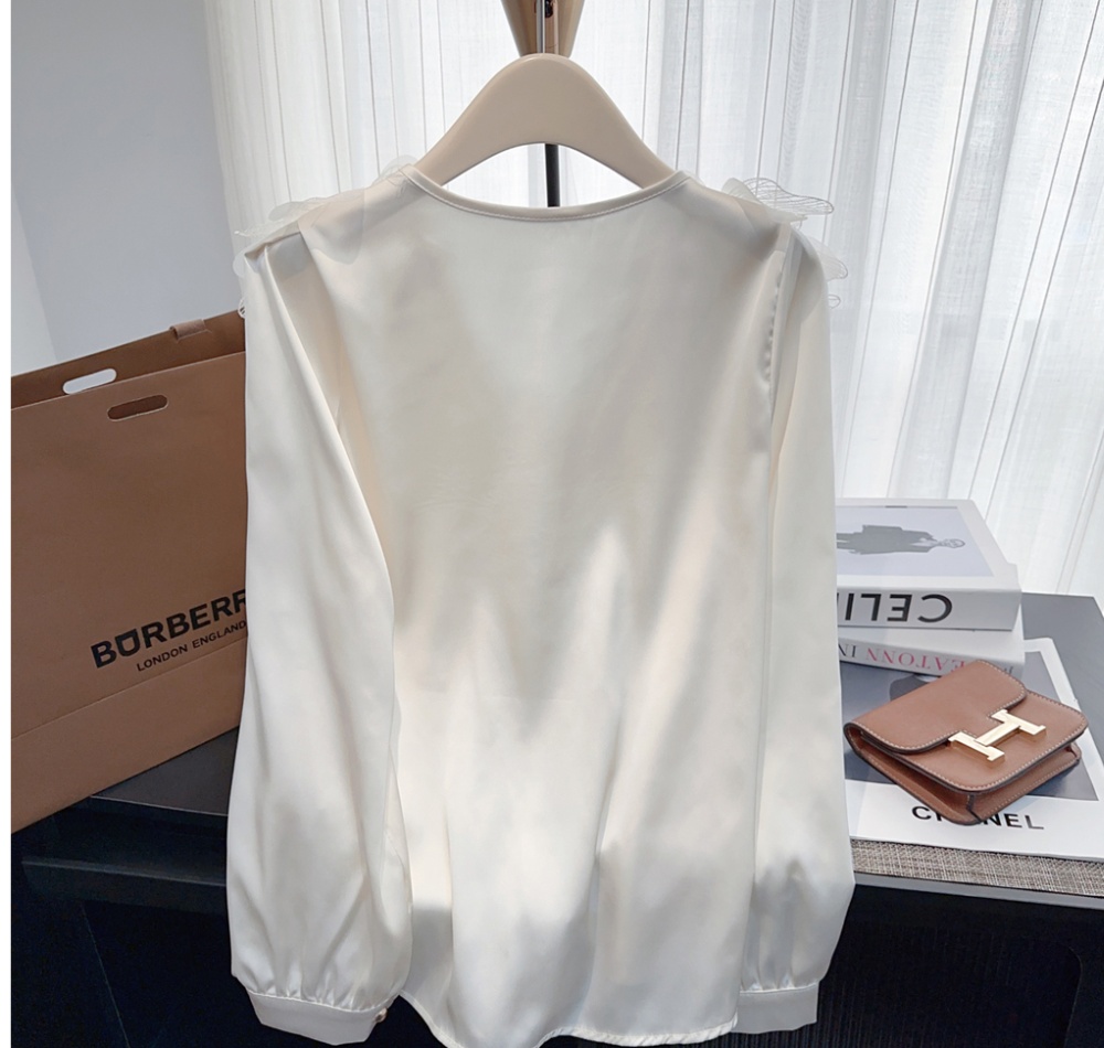 V-neck lace long sleeve spring tops commuting satin slim shirt