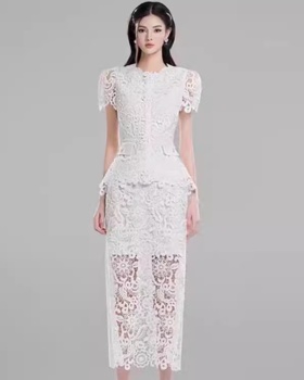 Crochet white tops ladies niche long dress 2pcs set