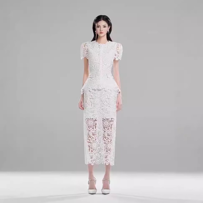 Crochet white tops ladies niche long dress 2pcs set