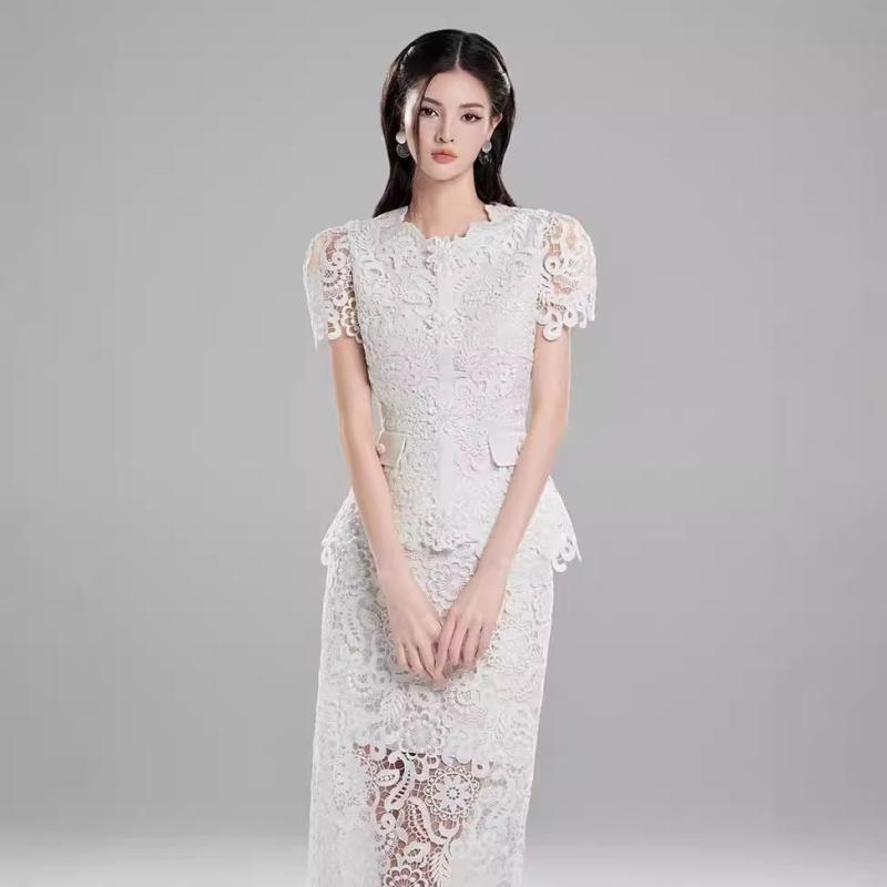 Crochet white tops ladies niche long dress 2pcs set