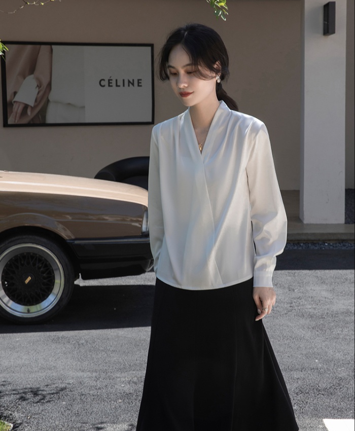 V-neck drape niche France style white long sleeve shirt for women