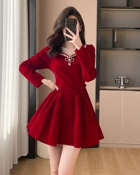 France style spring light luxury velvet ladies red dress