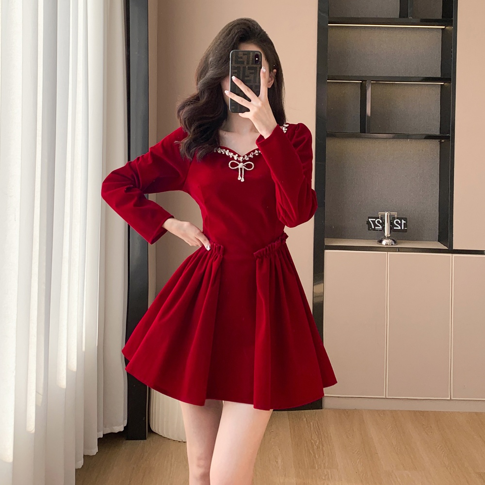 France style spring light luxury velvet ladies red dress