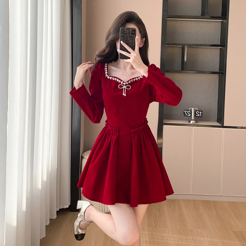 France style spring light luxury velvet ladies red dress