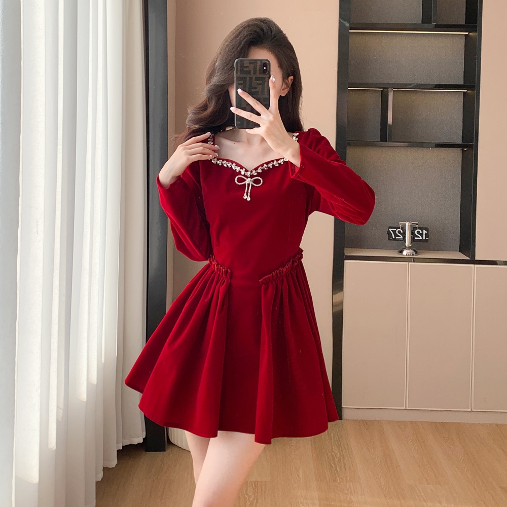 France style spring light luxury velvet ladies red dress