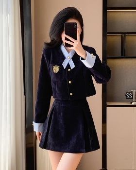 College style short coat spring Pseudo-two skirt a set