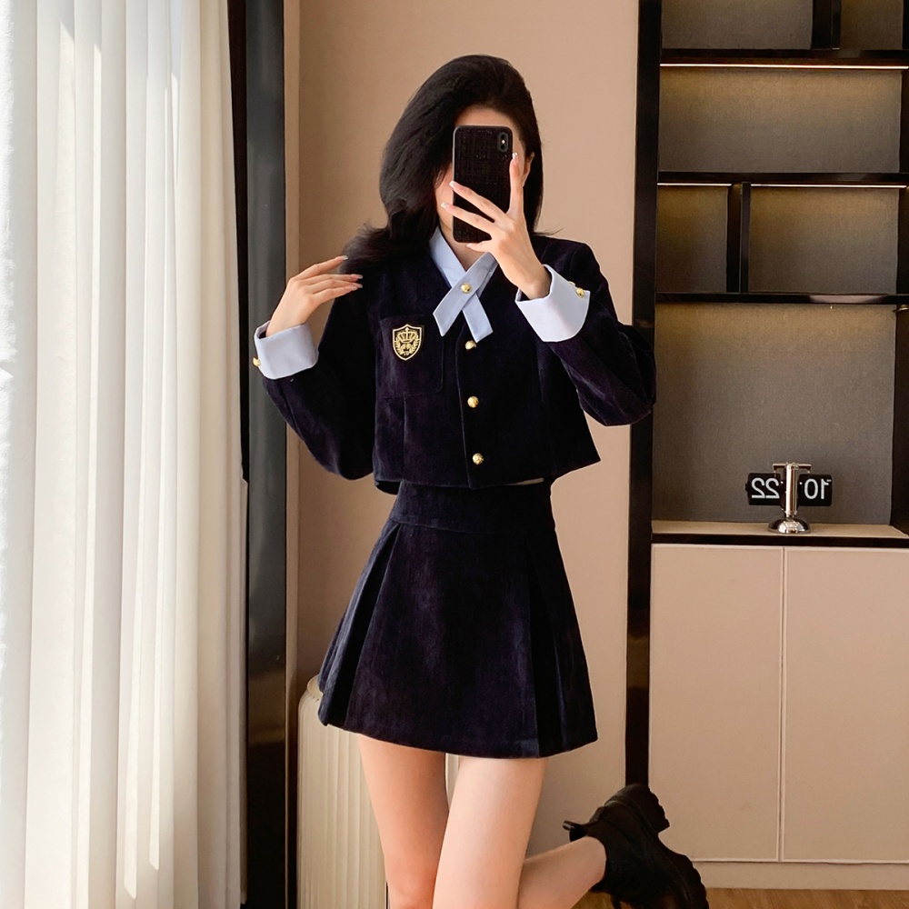 College style short coat spring Pseudo-two skirt a set