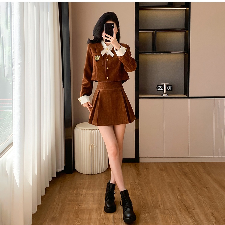 College style short coat spring Pseudo-two skirt a set