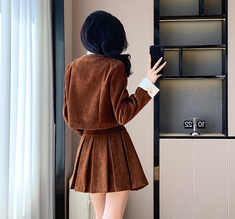 College style short coat spring Pseudo-two skirt a set