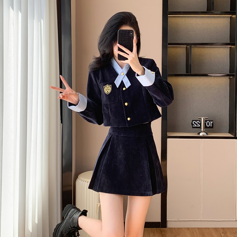 College style short coat spring Pseudo-two skirt a set