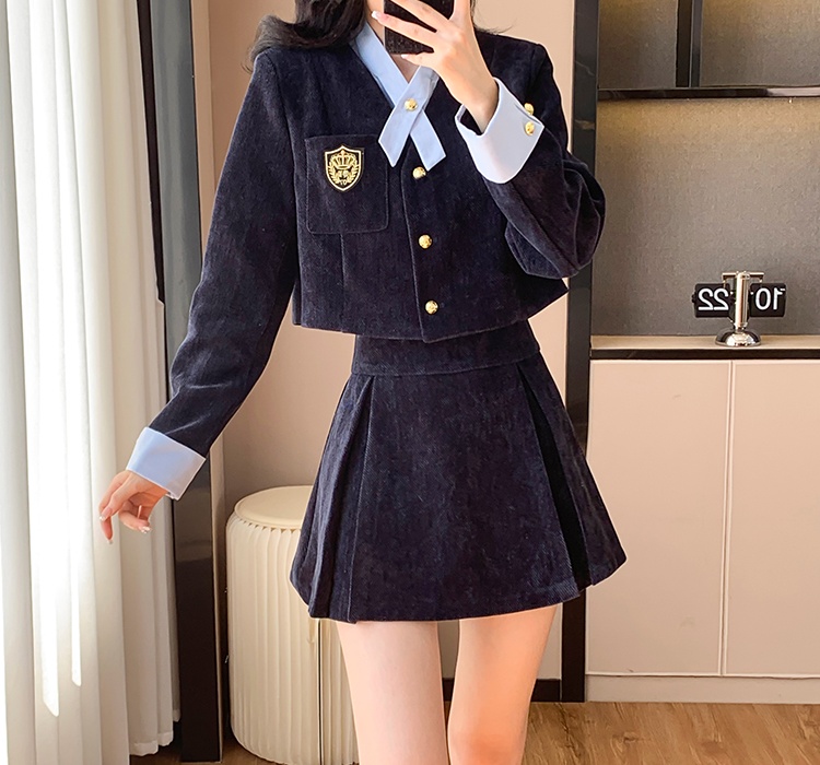 College style short coat spring Pseudo-two skirt a set