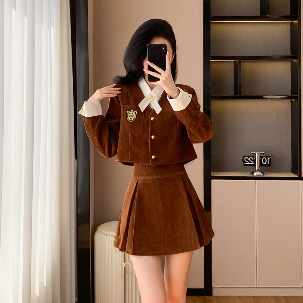 College style short coat spring Pseudo-two skirt a set