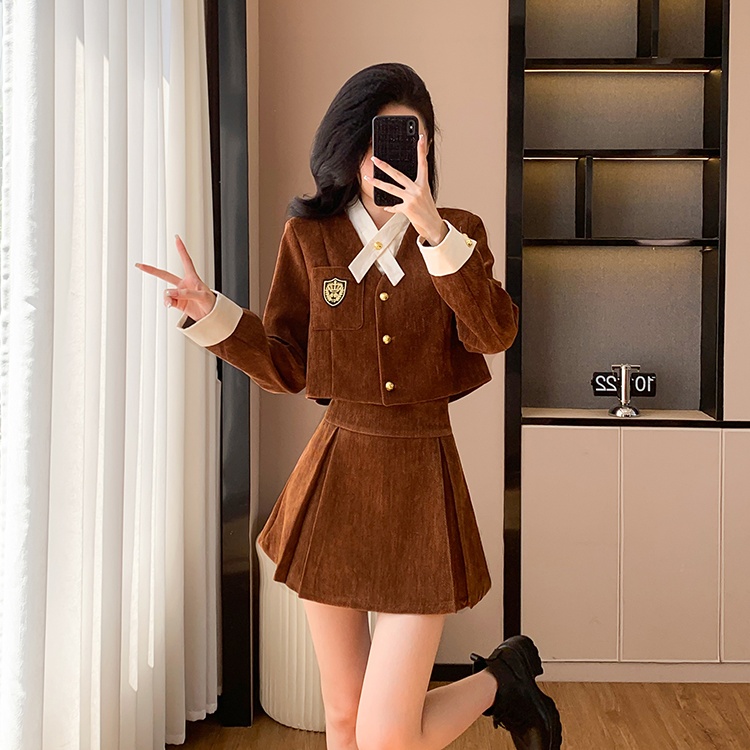 College style short coat spring Pseudo-two skirt a set