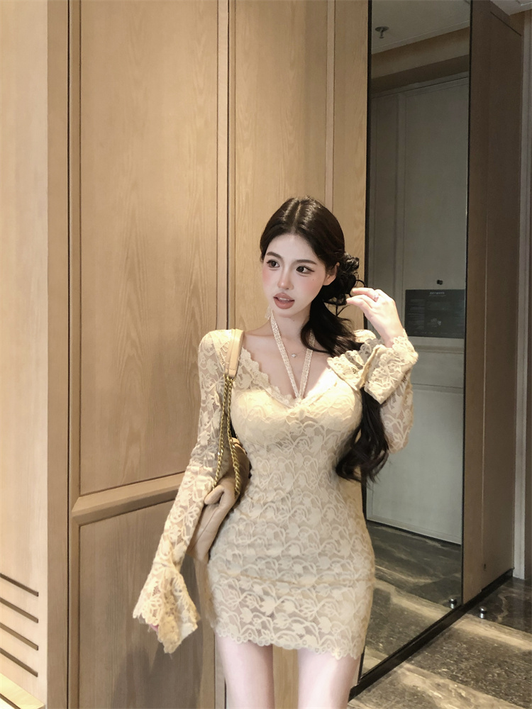 Spring short slim trumpet sleeves long sleeve lace dress