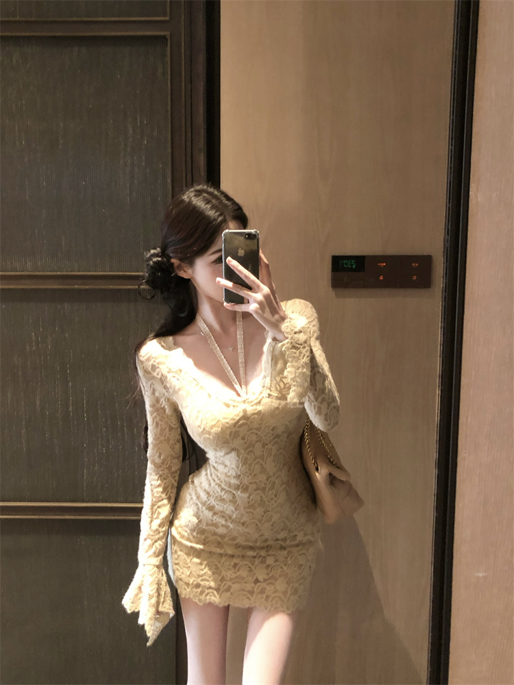 Spring short slim trumpet sleeves long sleeve lace dress