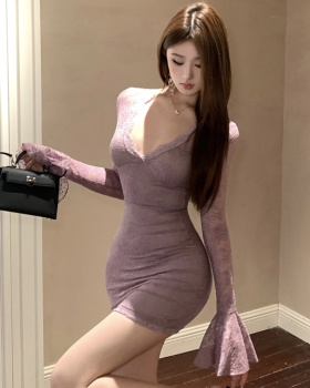 Short slim V-neck long sleeve spicegirl spring dress