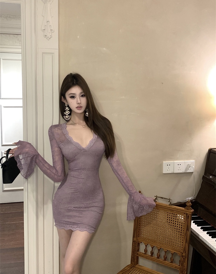 Short slim V-neck long sleeve spicegirl spring dress