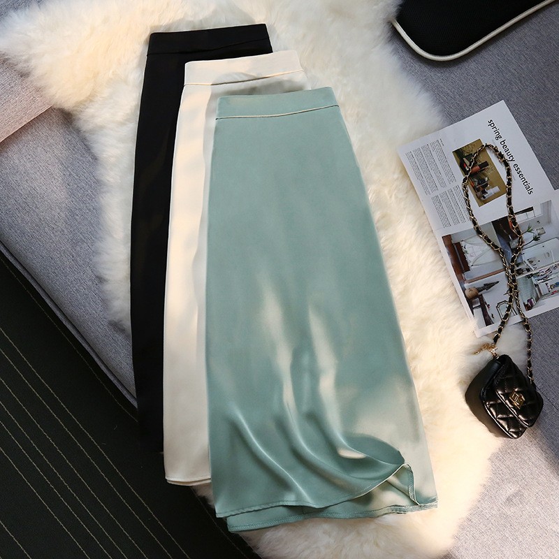 Satin slim drape high waist elastic skirt for women