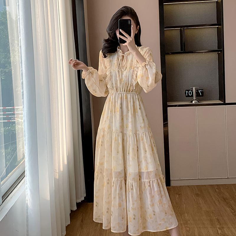 Korean style puff sleeve long dress niche dress