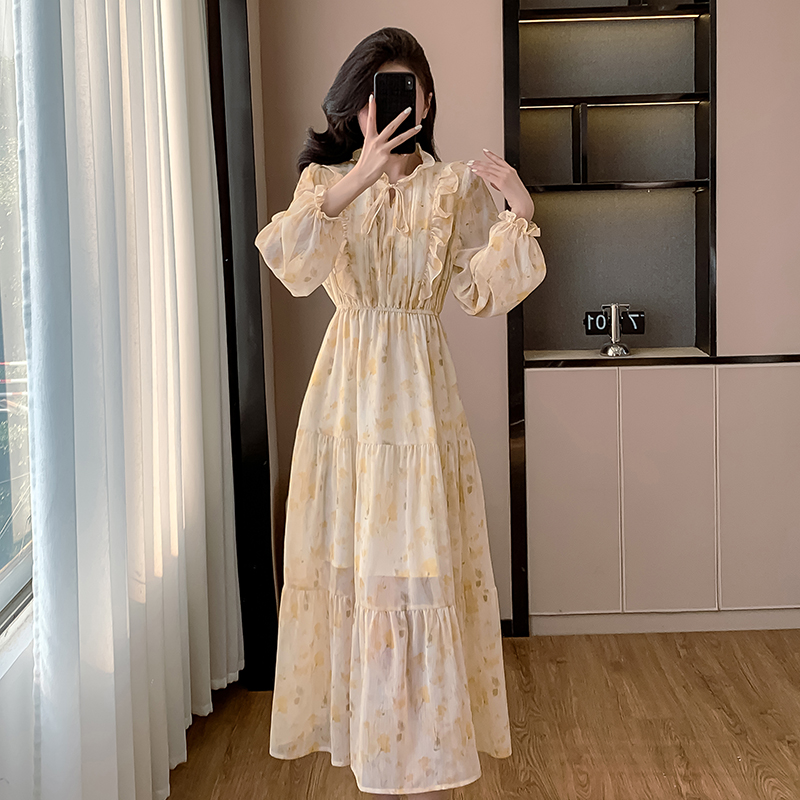 Korean style puff sleeve long dress niche dress