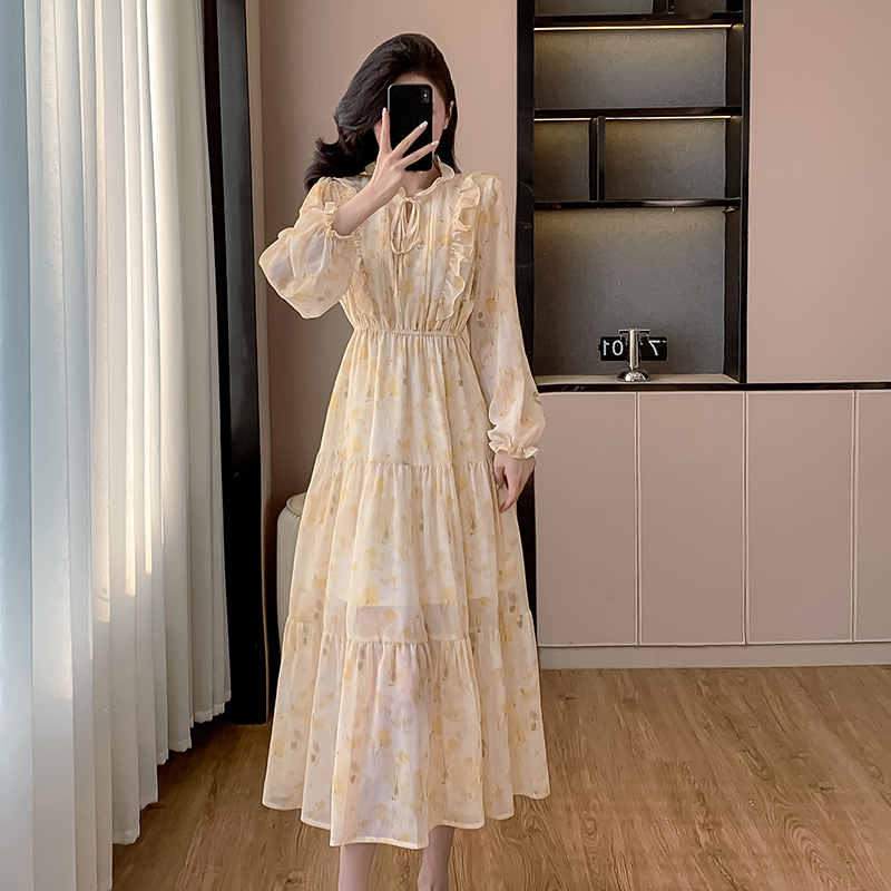 Korean style puff sleeve long dress niche dress