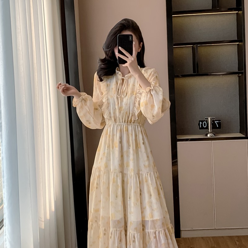 Korean style puff sleeve long dress niche dress