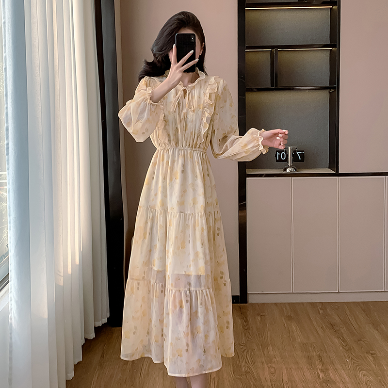 Korean style puff sleeve long dress niche dress