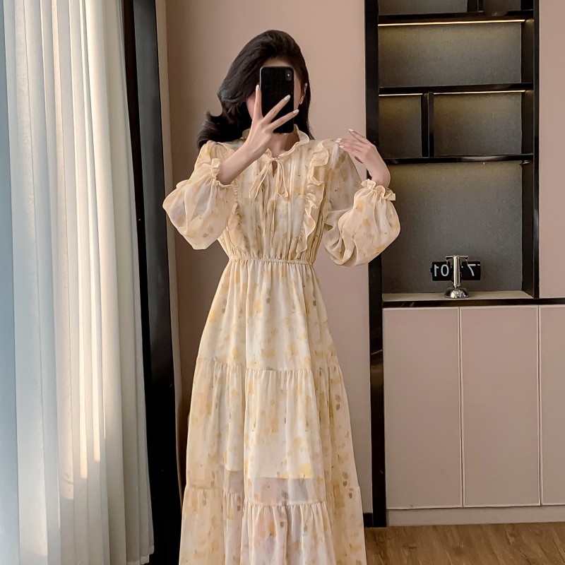 Korean style puff sleeve long dress niche dress