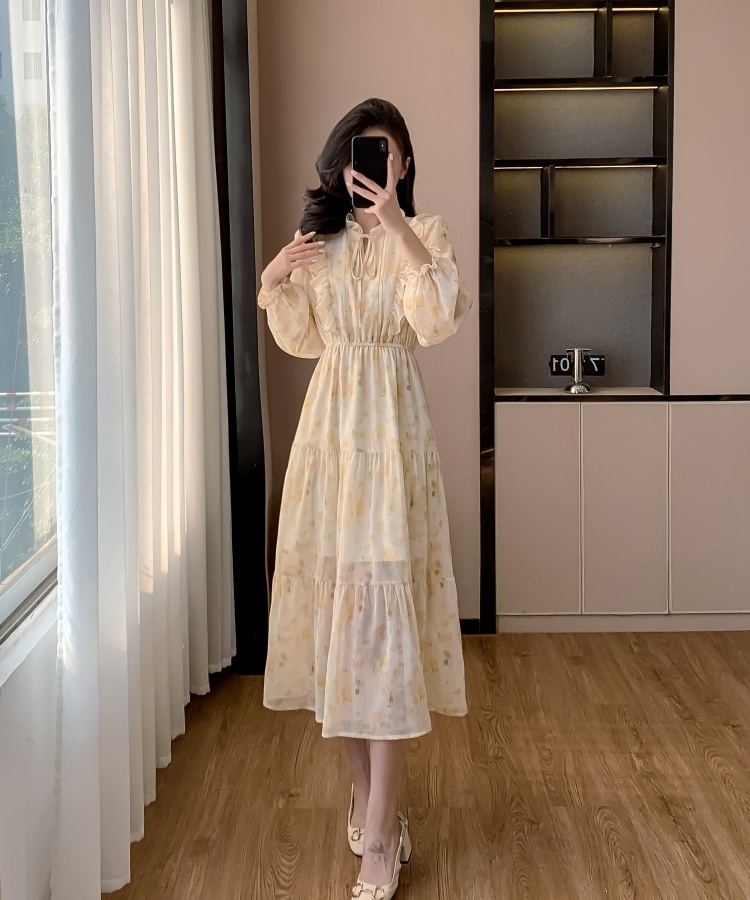 Korean style puff sleeve long dress niche dress