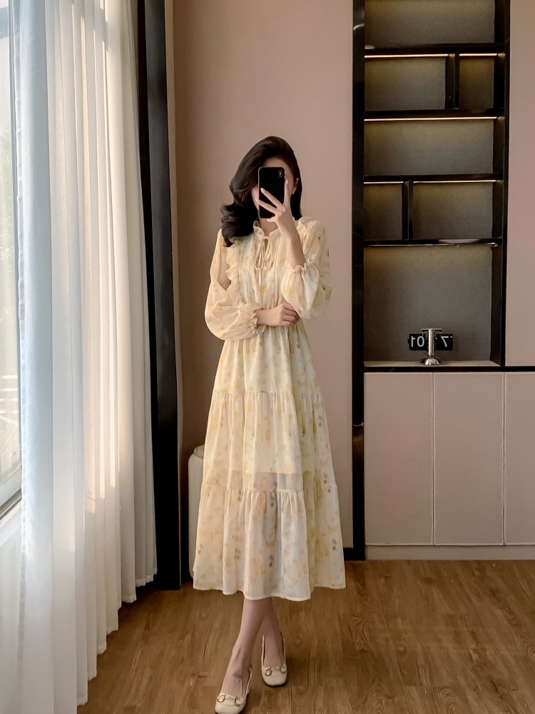 Korean style puff sleeve long dress niche dress