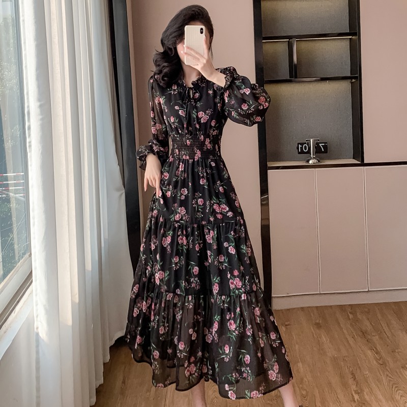 Floral lotus leaf edges dress sweet long dress