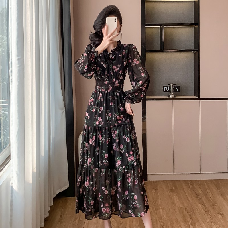 Floral lotus leaf edges dress sweet long dress