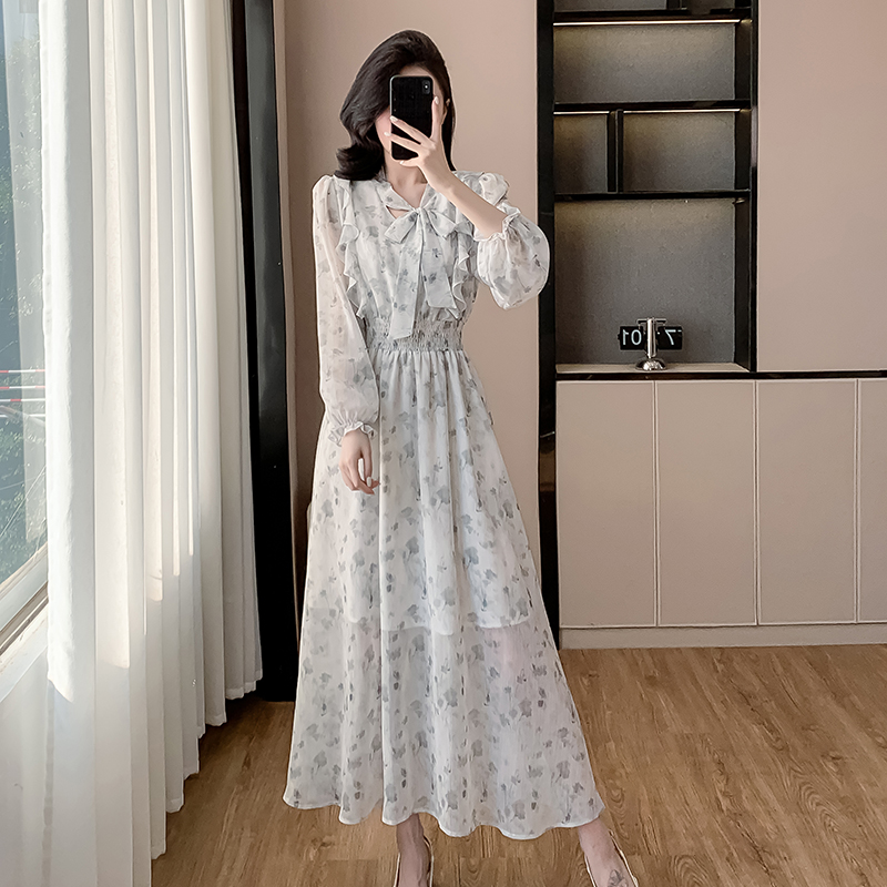 Korean style puff sleeve dress France style V-neck long dress