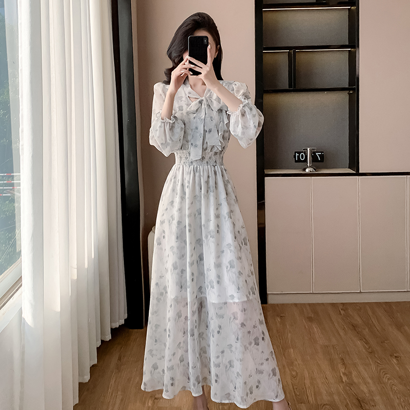 Korean style puff sleeve dress France style V-neck long dress